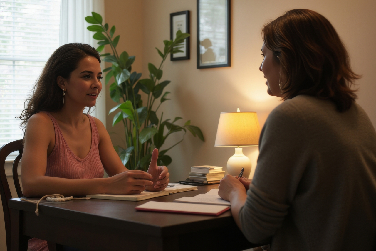 Two women are engaged in a professional consultation in a cozy office. They are discussing something important, showing empathy, and providing assistance to each other in a positive environment.